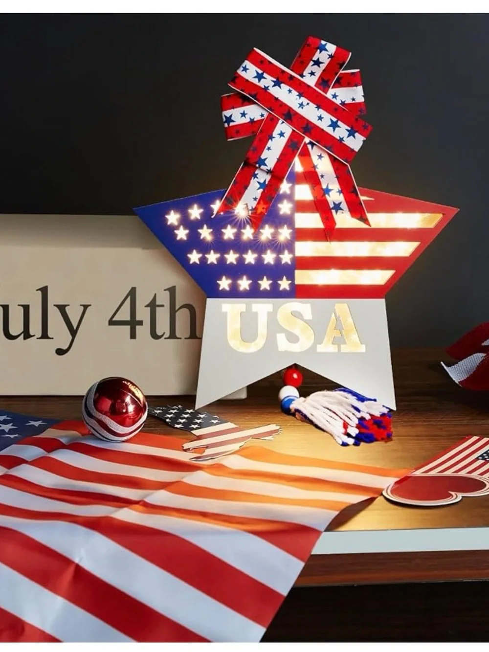Patriotic USA Star shape Wall Hanging - integrated LED lights